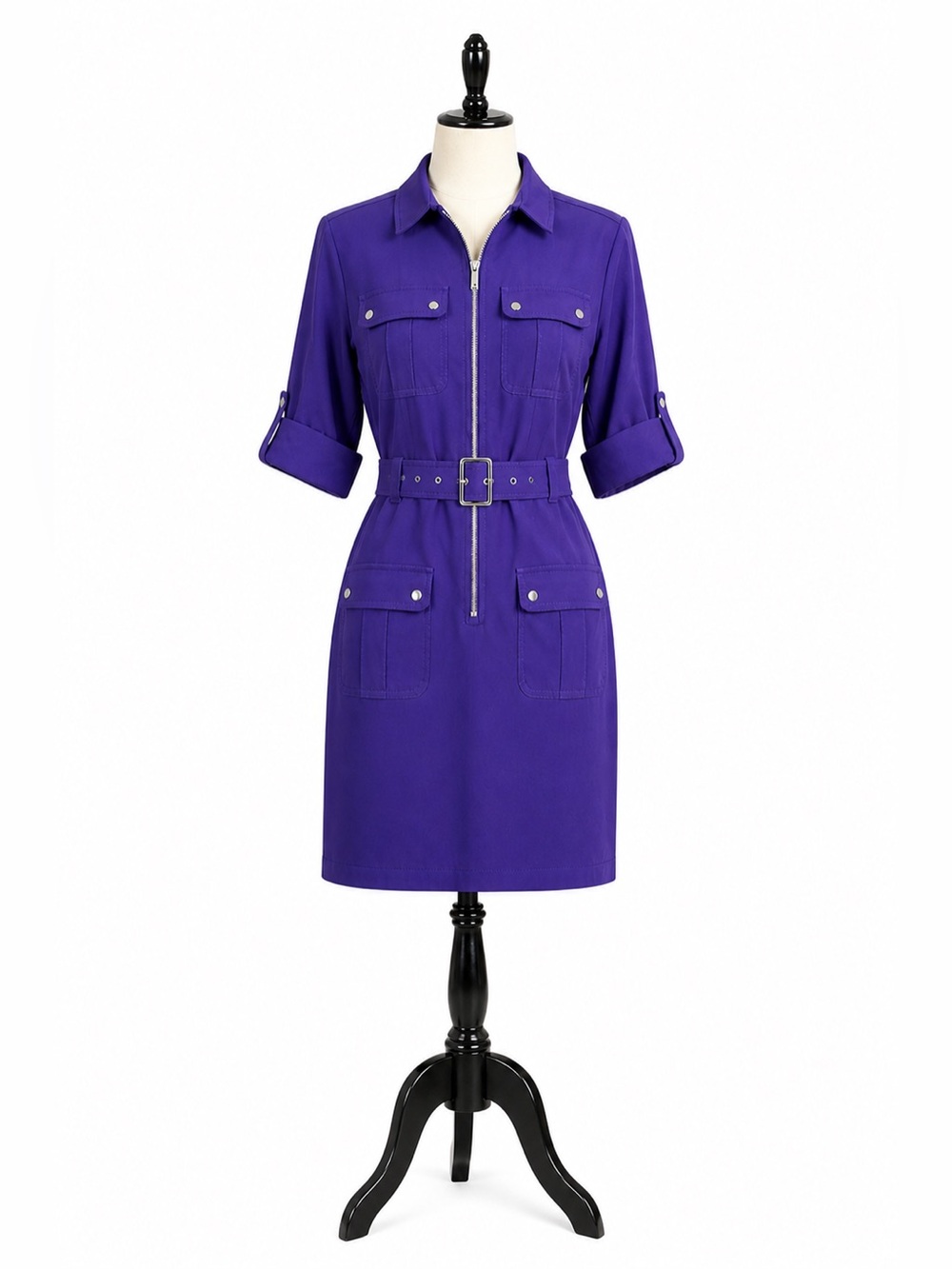 Michael Kors Belted Zip Front Utility Shirt Dress Roll Tab Pockets Size L